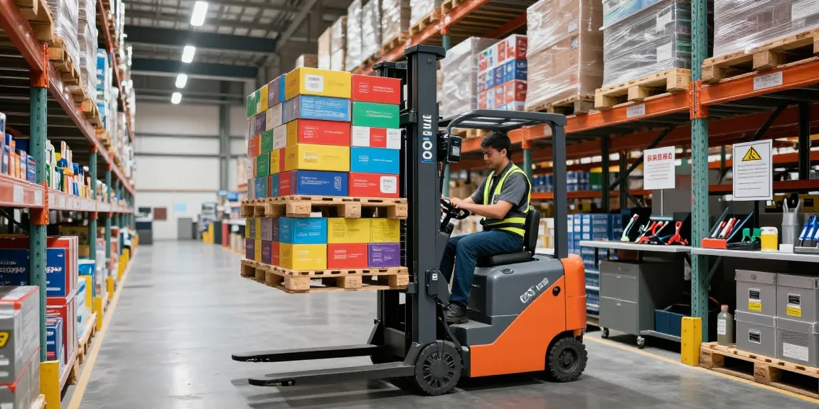 Electric stacker in action lifting pallets in a modern warehouse setting.