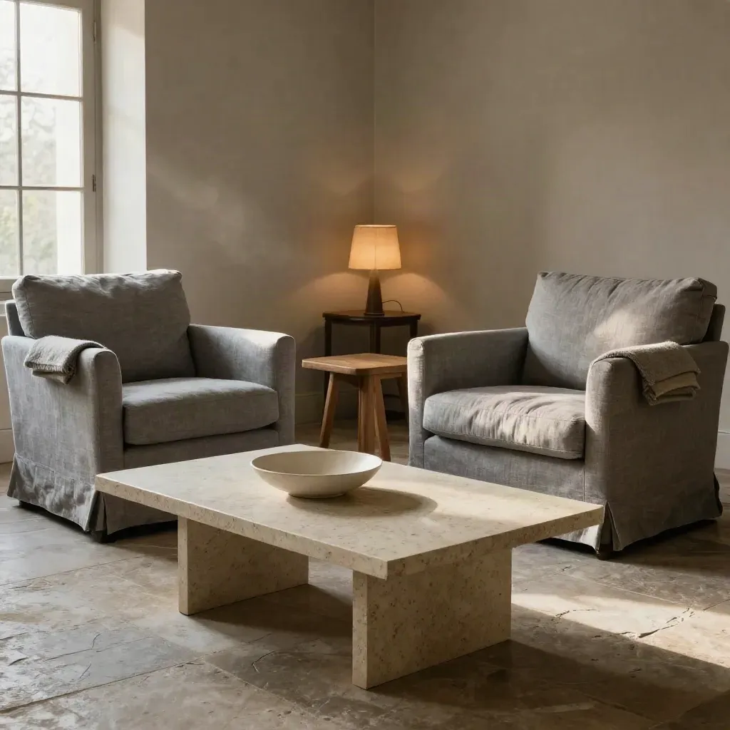 Soggiorno ordinato con due poltrone, tavolino in travertino e coperte piegate, luce calda del pomeriggio.