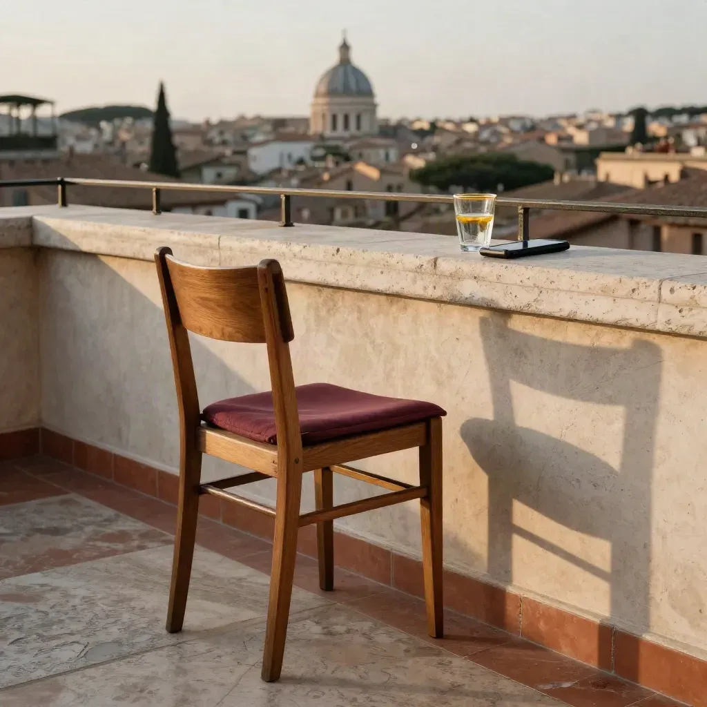 Terrazza romana con sedia singola, bicchiere d’acqua e telefono capovolto, sullo sfondo cupole e tetti.