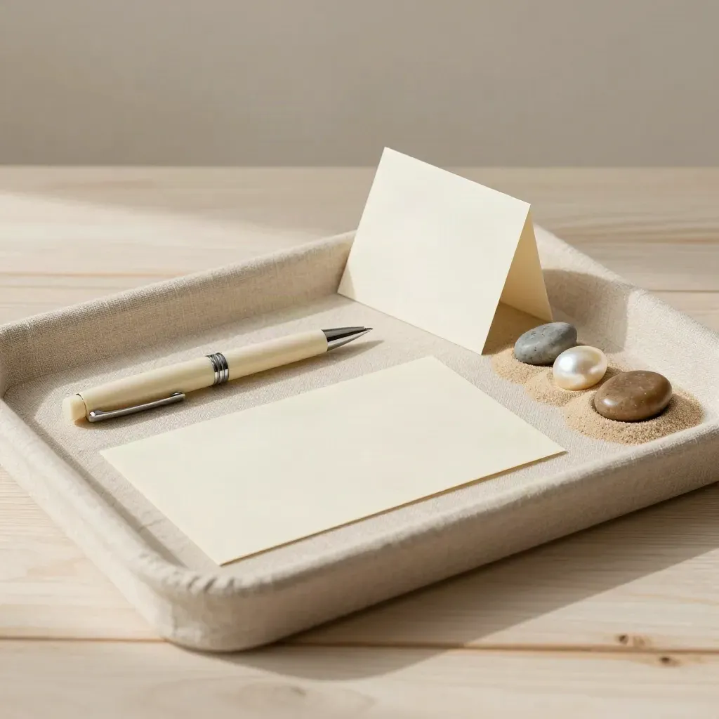 Vaschetta in lino con penna e cartoncini neutri su legno chiaro, con tre pietre segnapasso.