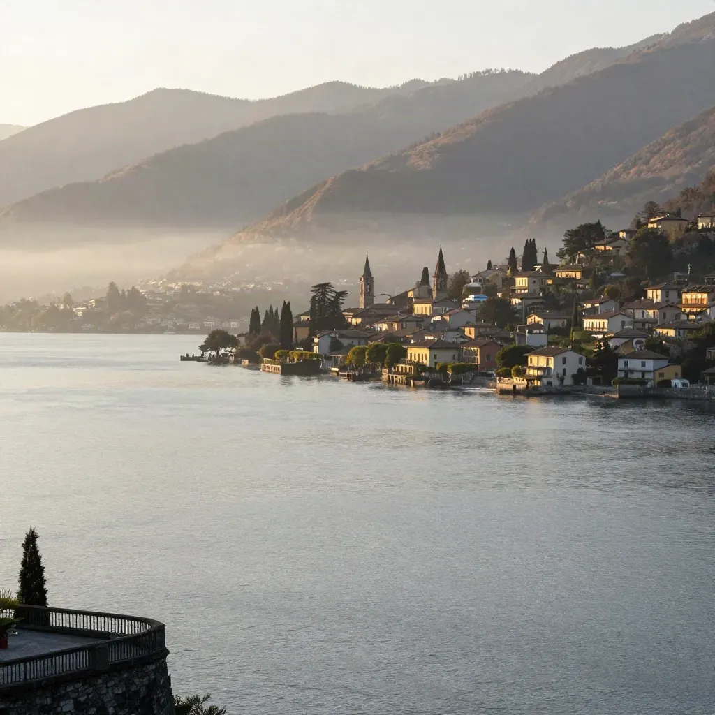 Il Lago di Como all’alba, con foschia dorata e montagne lontane.