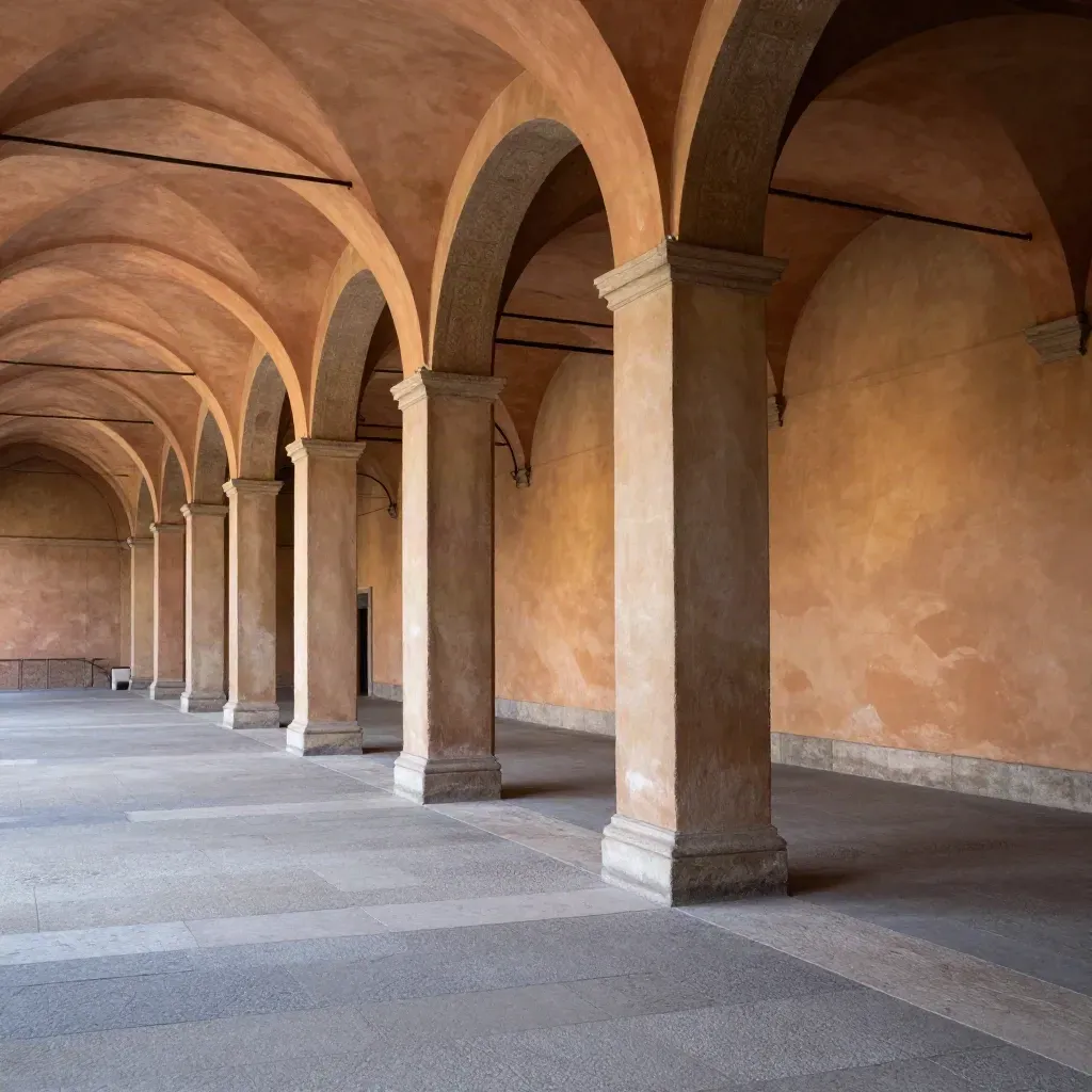I portici di Bologna in prospettiva con pavimento in pietra e luce calda.